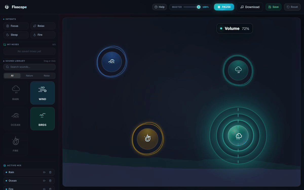 Animated Floscape studio preview showing a sound orb changing volume, panning, and reverb on the spatial canvas.